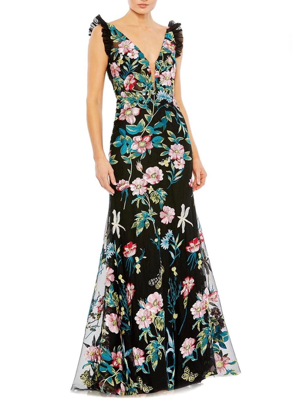 Mac Duggal Embroidered Floral Plunge Neck Trumpet Gown